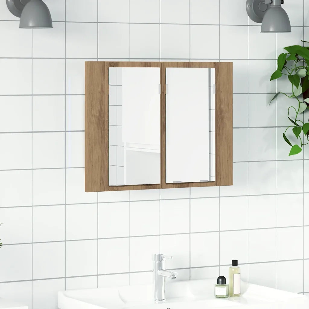 Mobile Specchio LED-Armadietto a Specchio da Bagno Rovere Artigianale 60x12x45 cm Multistrato