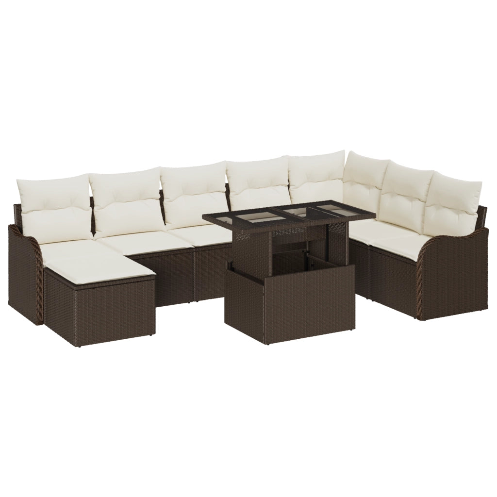 Set Divano da Giardino 9 Pezzi con Cuscini Marroni Rattan Polietilene