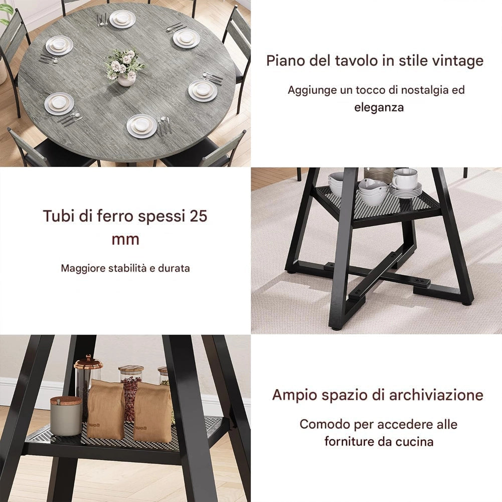 Tavolo per Sala da Pranzo Tondo Grigio con Ripiano Portaoggetti 120x120x76cm
