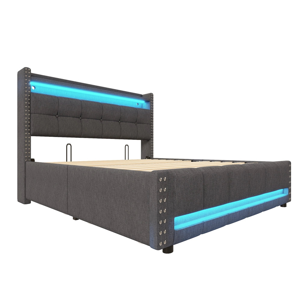 Letto matrimoniale imbottito 160x200 cm con LED, USB, cassetti e rivestimento grigio