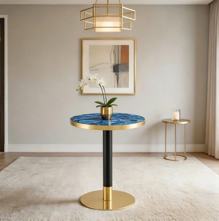Tavolino rotondo 60x73;7 cm con piano effetto marmo blu in MDF e struttura in metallo