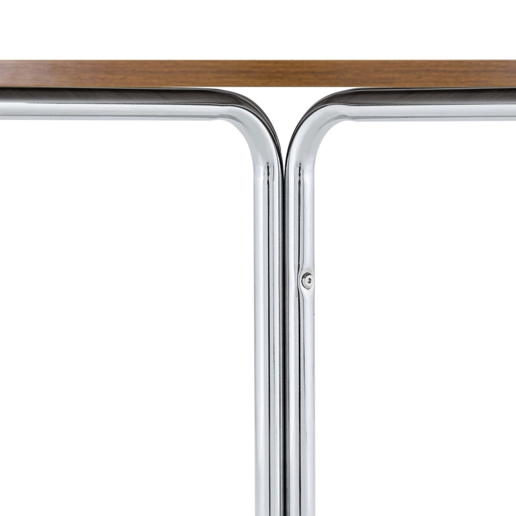 Tavolino basso rotondo con piano in MDF effetto noce e struttura in metallo cromato per soggiorno ufficio balcone
