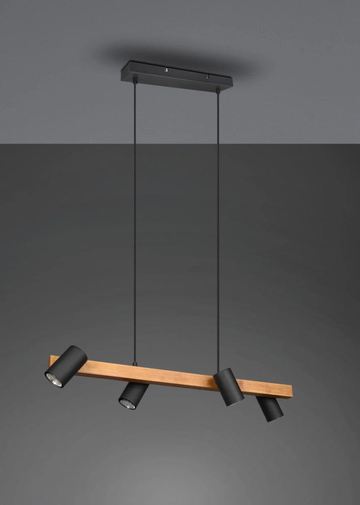 Lampadario Marley nero/legno 4 luci GU10 Trio h150cm