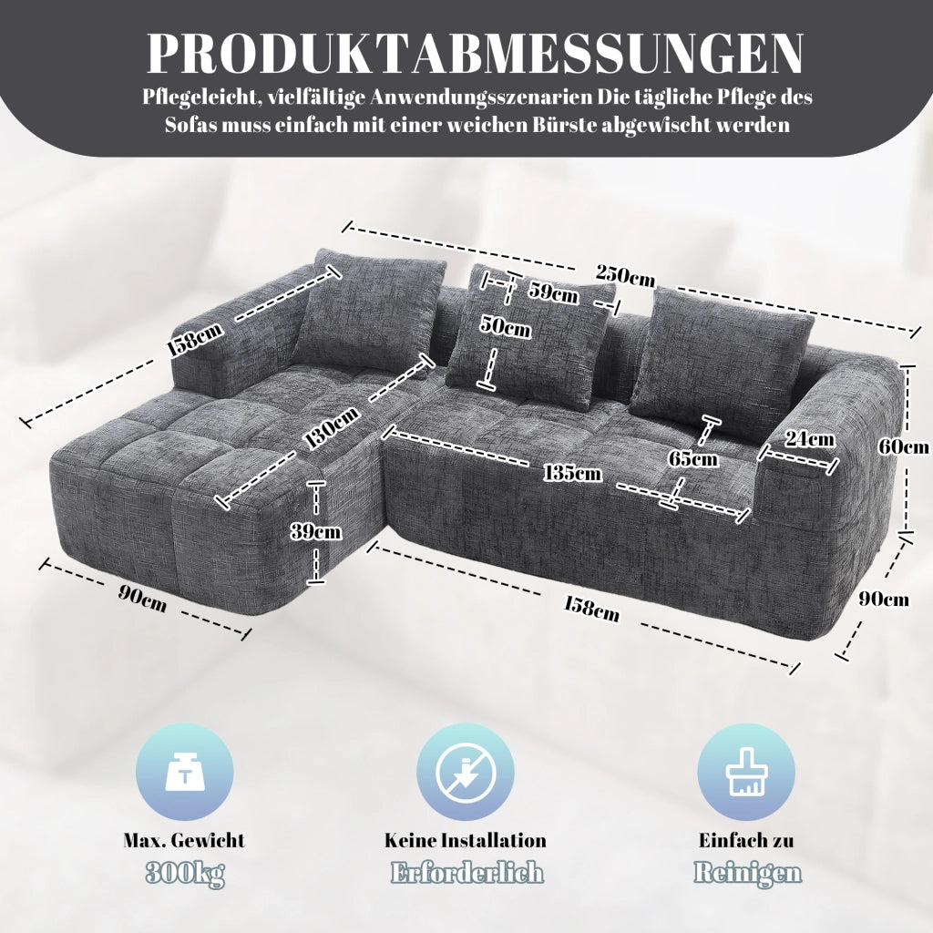 DIVANO angolare 250x158x60 cm in chenille grigio, con chaise longue e tasche laterali