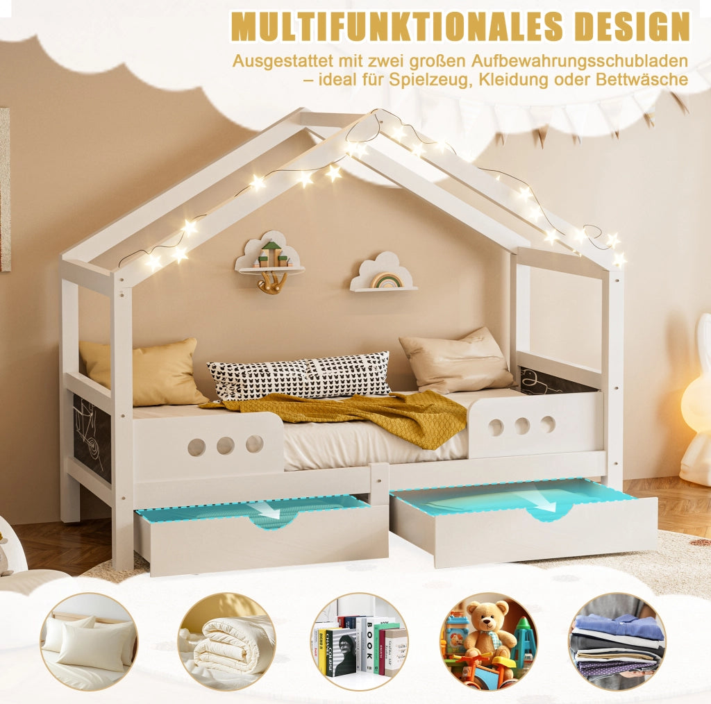 Letto per bambini 90x200 cm con tetto; 2 cassetti e lavagna in legno; bianco