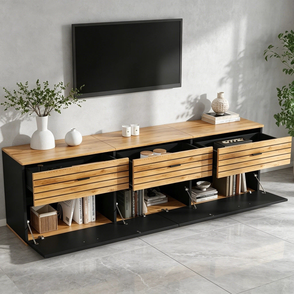 Mobile TV con 3 cassetti e 2 ante a ribalta, 168 cm, per TV fino a 65", colore naturale e nero, con motivo ondulato