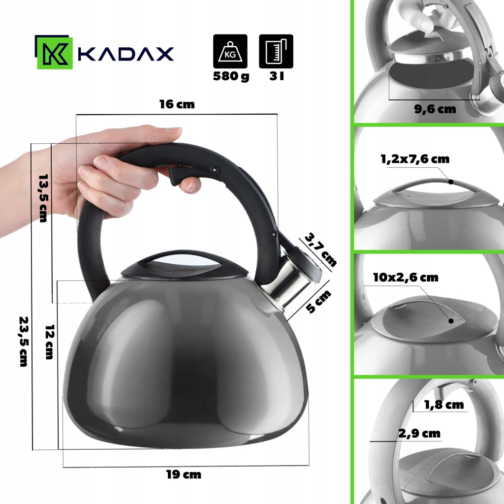Bollitore a gas/induzione KADAX con fischietto, 2,6 litri, acciaio tradizionale, grigio