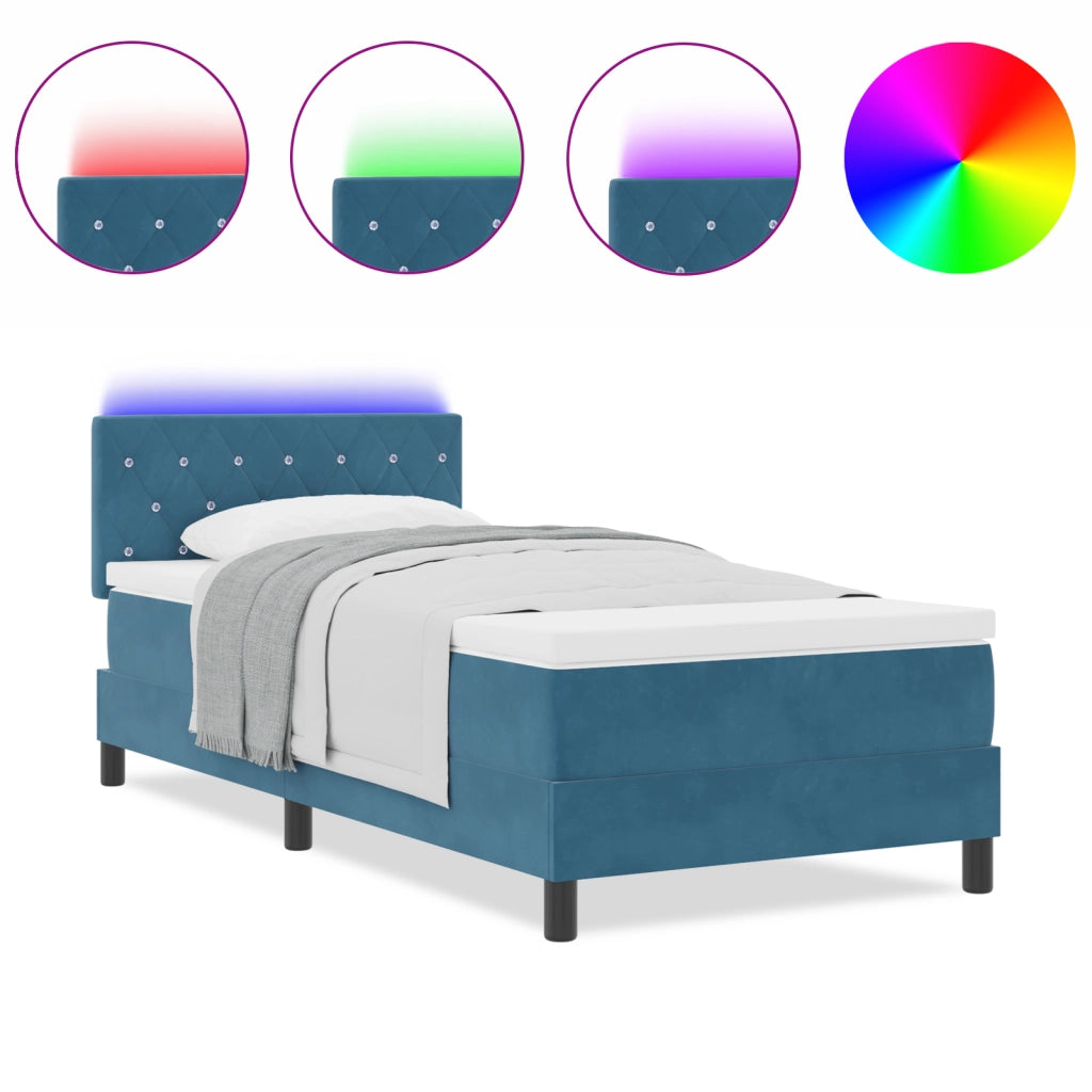 Letto a Molle  con Materasso e LED Blu Scuro 90x200 cm in Velluto