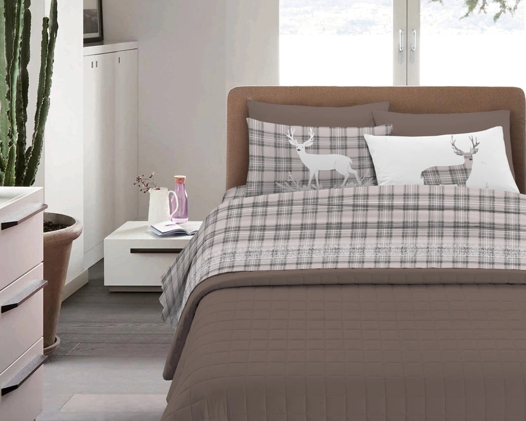 Completo Letto in Flanella Calda e Morbida Anti Pilling - Set Flanellato 3 Misure parure con Federe - Tartan beige - 1 Piazza e mezza