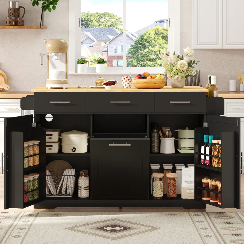 Carrello da cucina con 3 cassetti; 2 ante e vano rifiuti; portasciugamani e prese integrate; in MDF; nero e naturale
