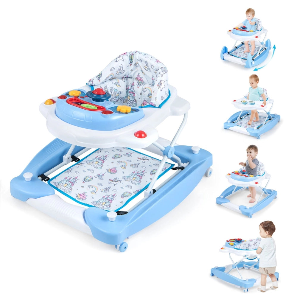 Girello per bambini con altezza regolabile vassoio musicale rimovibile, Centro attivit¨¤ per bambini di 6+ mesi Blu-Primi passi