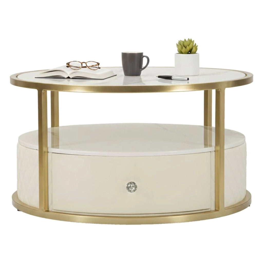 Tavolino da salotto Stabia, Tavolo basso da caffè, Portariviste per divano, Ripiano da soggiorno, 75x75 h40 cm, Bianco e Oro