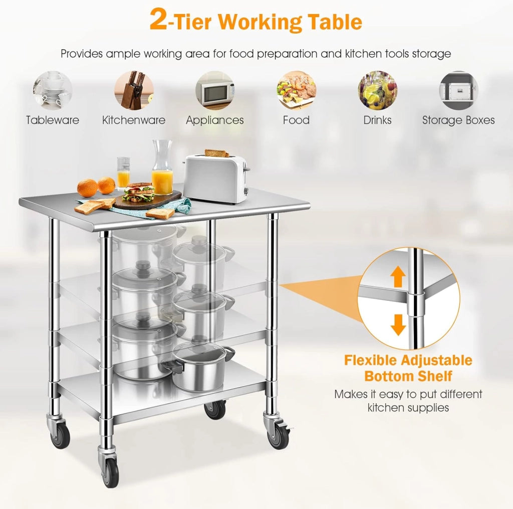 Tavolino da Lavoro, Banco da Lavoro, Tavolo in metallo con Ruote, Tavolo da Cucina in Acciaio, Ideale per Supermercato, Ristorante e Negozio, Elevata Capacità di Carico, Argento