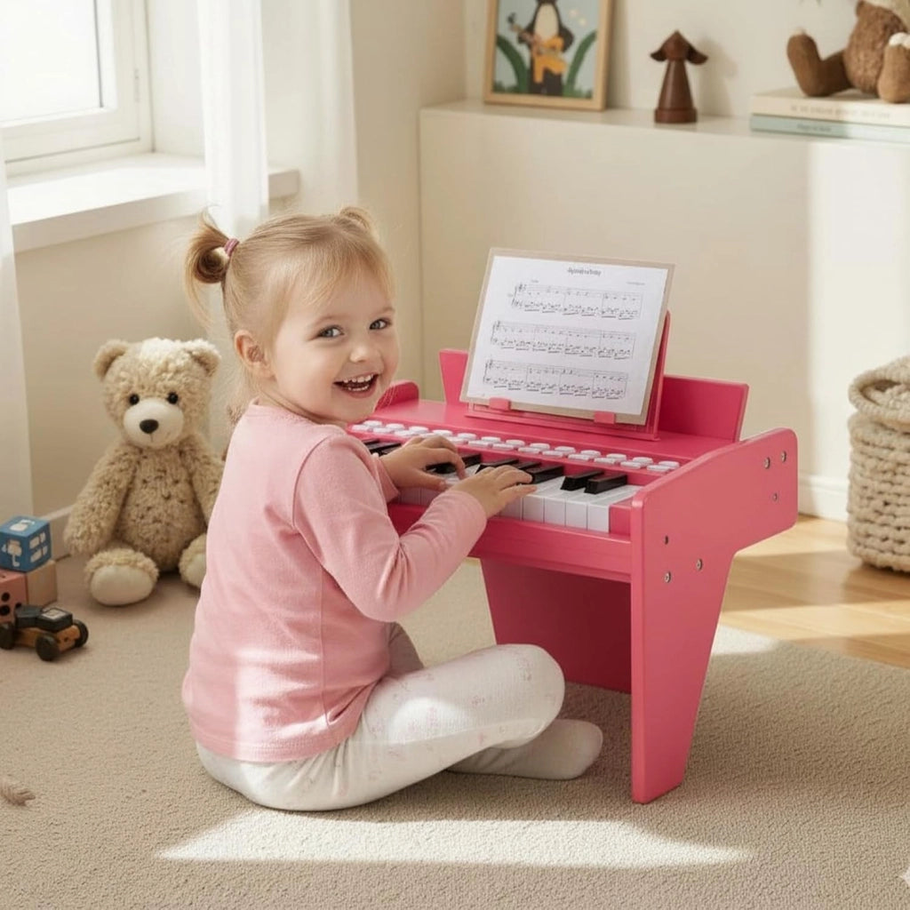 Tastiera a 25 tasti per bambini, pianoforte elettronico con tasto luminoso e leggio, pianoforte digitale per bambini di 18+ mesi, registrazione e lettura, modalità di apprendimento (rosa)