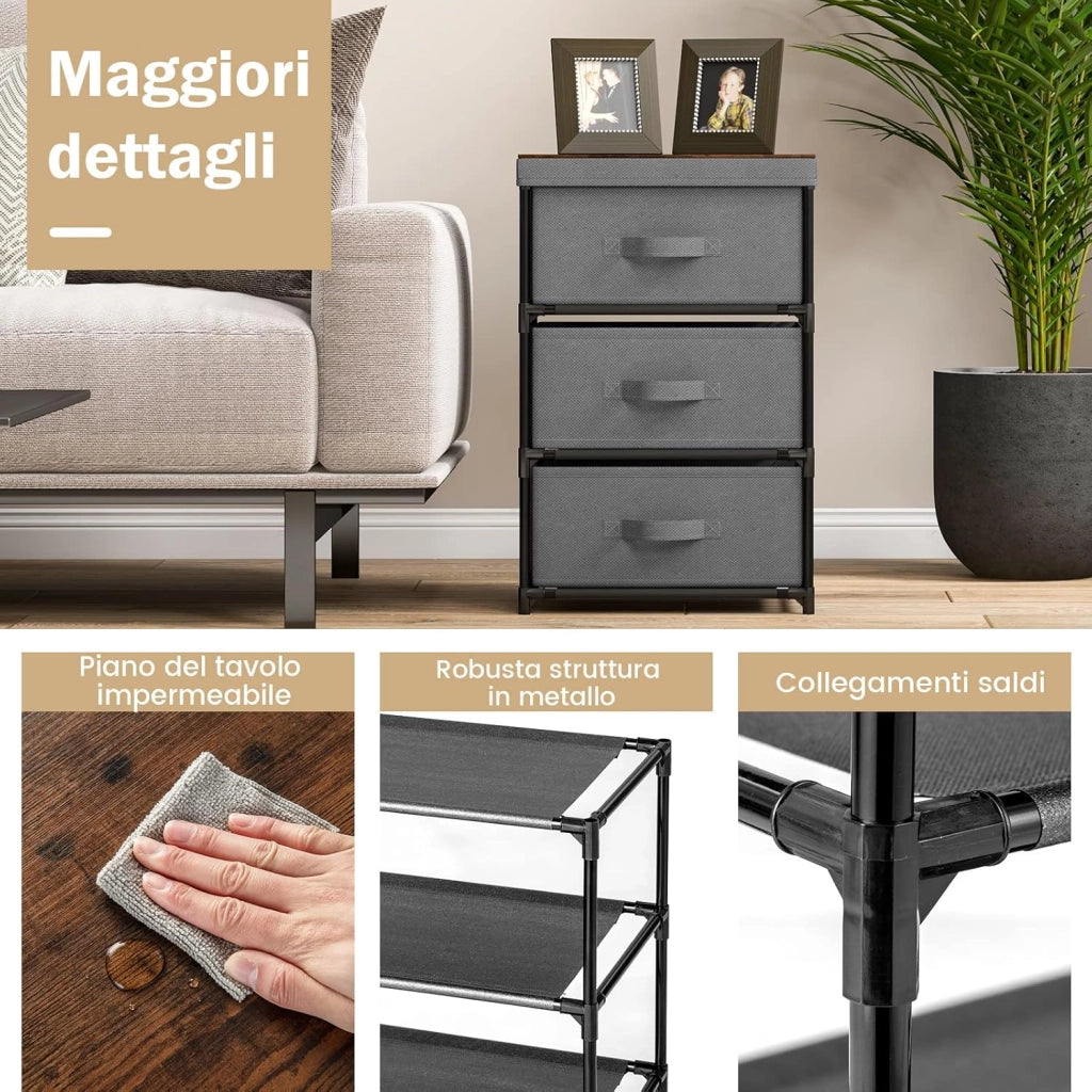 Cassettiera in Tessuto, Mobile con 3 Cassetti e Struttura Robusta in Metallo, Armadio per Camera da Letto, Soggiorno, Ingresso, 40 x 30 x 62 cm (Grigio)