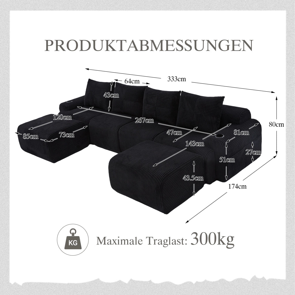 Divano modulare 4 posti con portabicchieri e tasca laterale in tessuto corduroy per soggiorno nero 333 × 174 × 80 cm