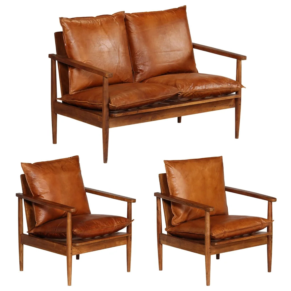 Set Divani 3 pz in vera Pelle e Legno Massello Acacia Marrone 3099031
