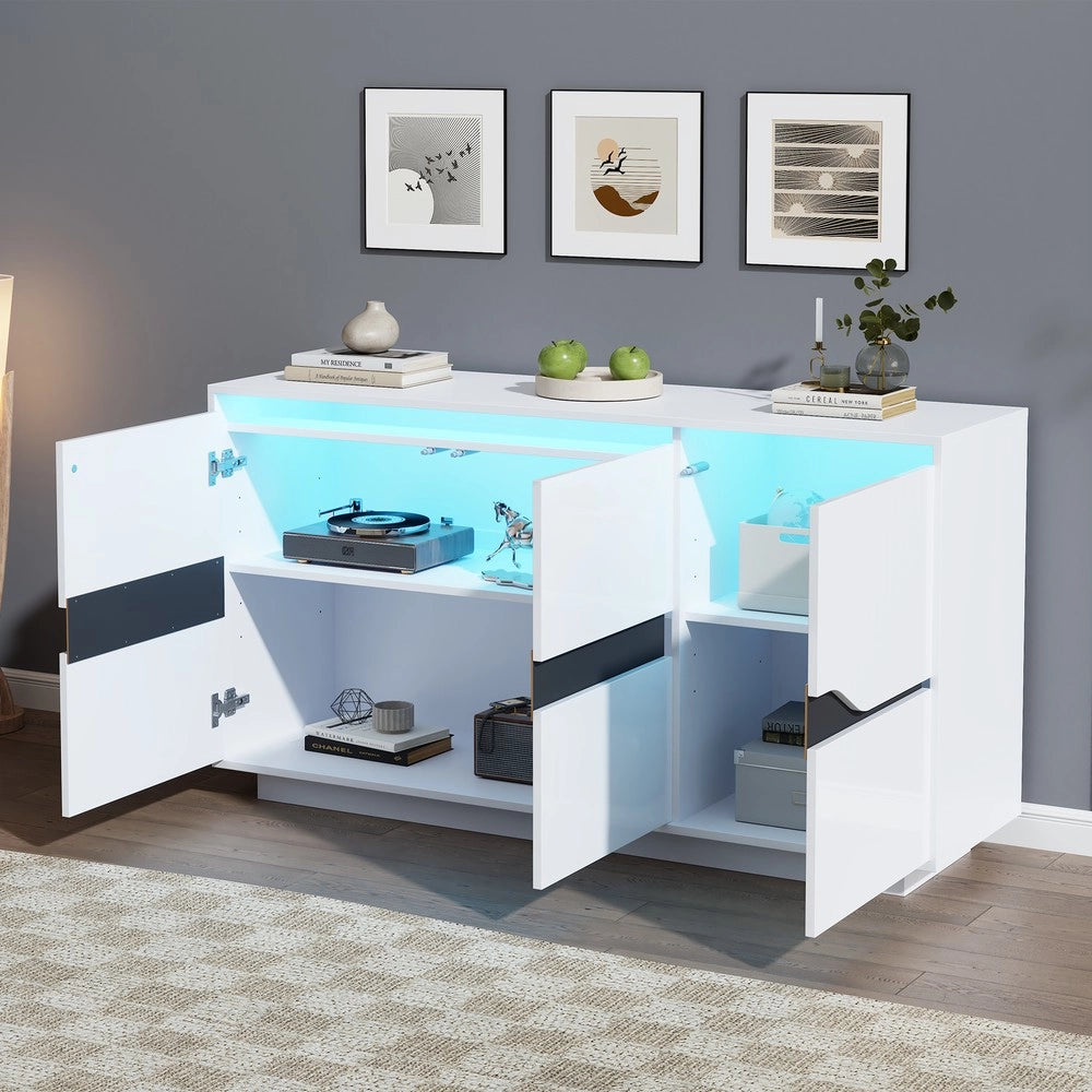 Credenza Soggiorno con LED ¨C MINIMAL ¨C Bianco e Nero Lucido, 140x40x70
