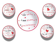 Set quattro piatti fondi per zuppa 20 cm con scritte + insalatiera 27 cm con scritta
