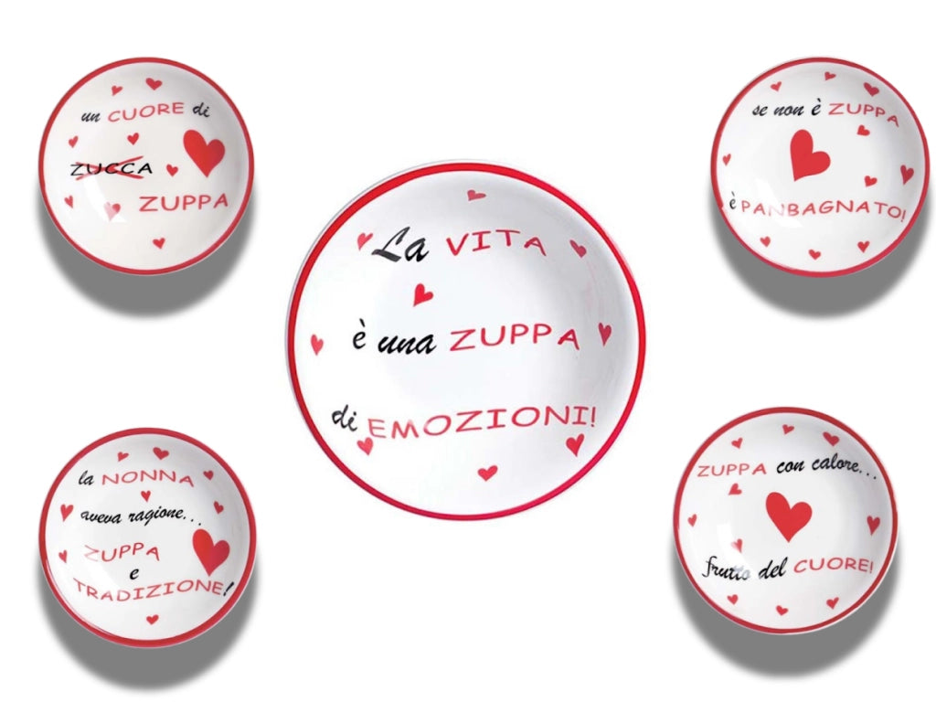 Set quattro piatti fondi per zuppa 20 cm con scritte + insalatiera 27 cm con scritta