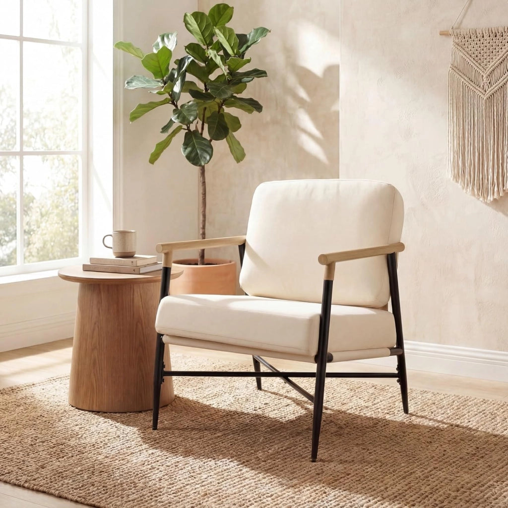 Poltrona Salotto Imbottita, Sedia da Lettura, Relax, Poltroncina con Braccioli, Schienale e Cuscini, per Soggiorno, Camera da Letto, Sala Attesa, Moderno e Comodo, 67 X 73 X 88 CM (Beige)