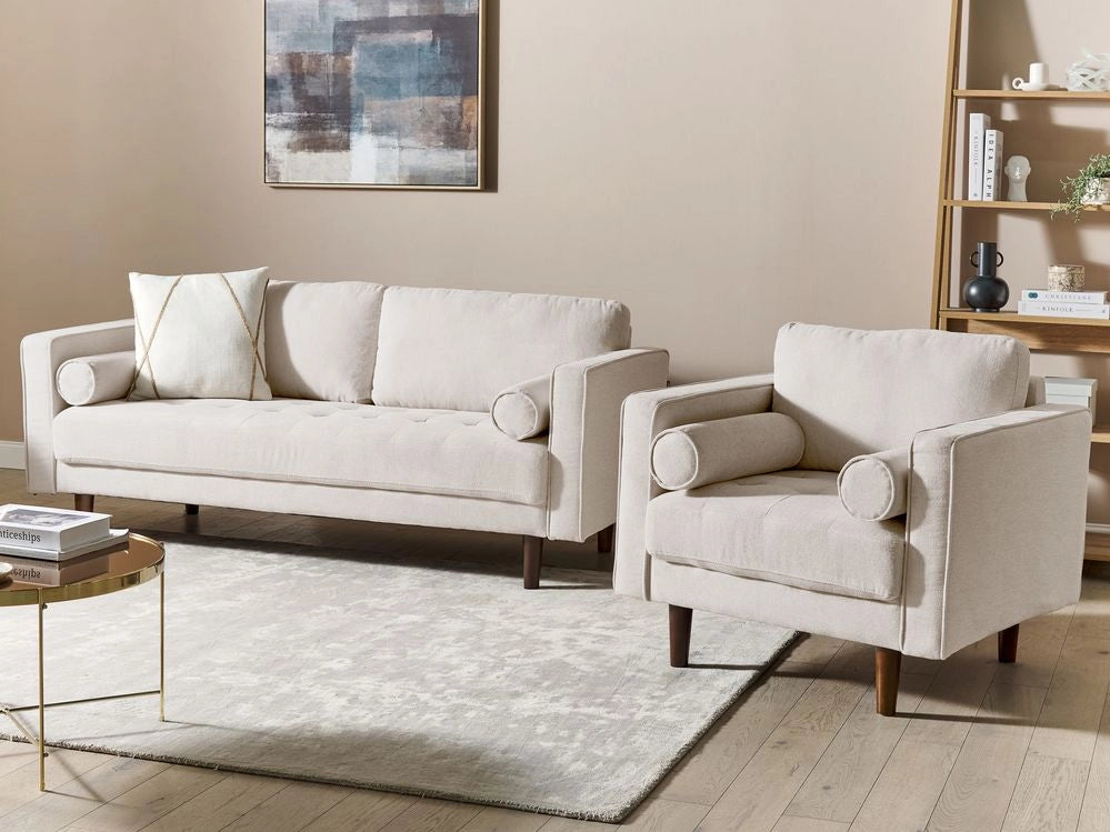 Set da soggiorno divano 3 posti e poltrona Imbottiti in tessuto beige con schienale imbottito stile retrò soggiorno