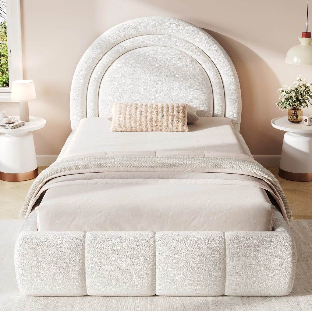 Letto singolo per bambini 90x200 cm con contenitore idraulico; rete a doghe; bouclé beige