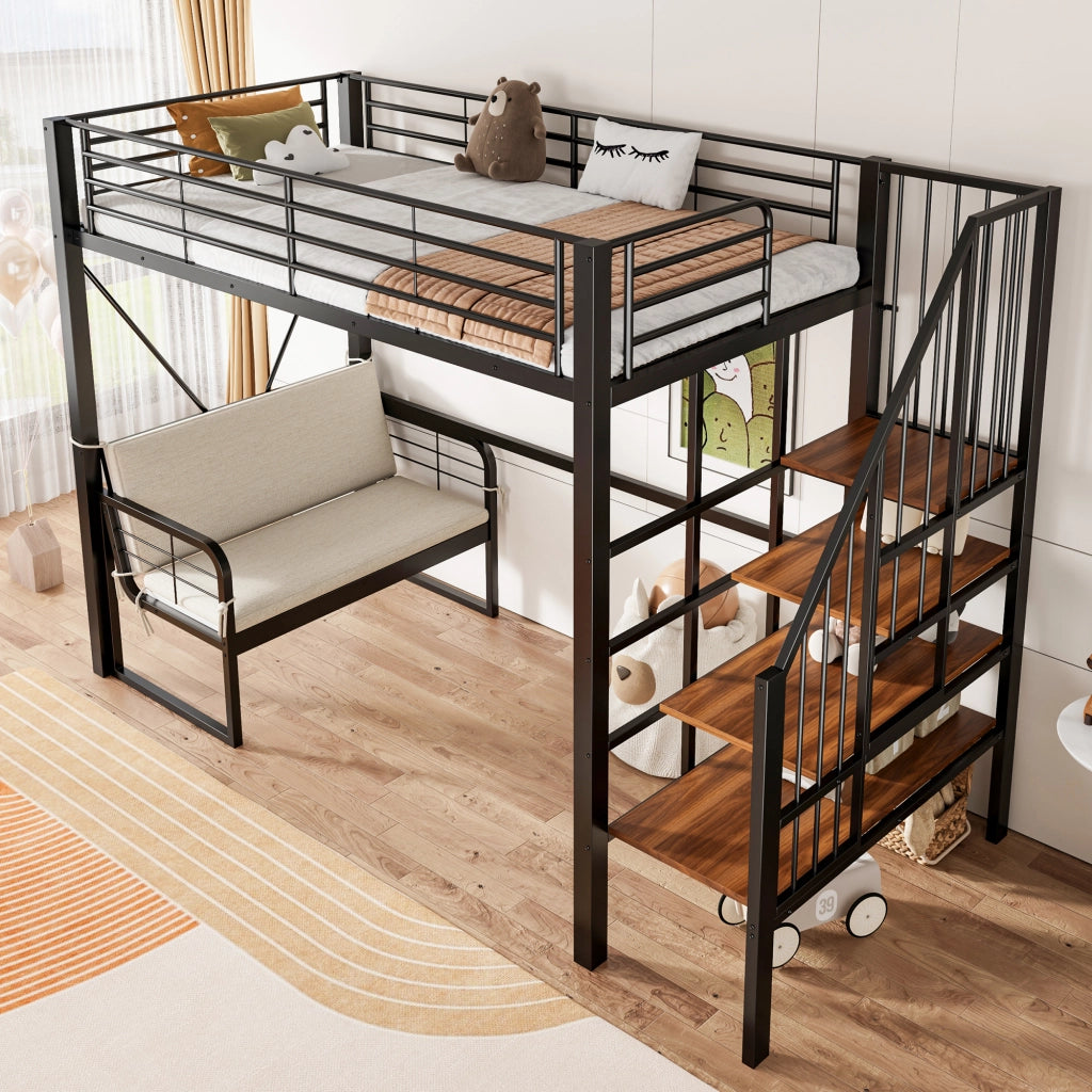 Letto a castello 90 × 200 cm con divano imbottito, scala con contenitore, senza materasso, metallo nero