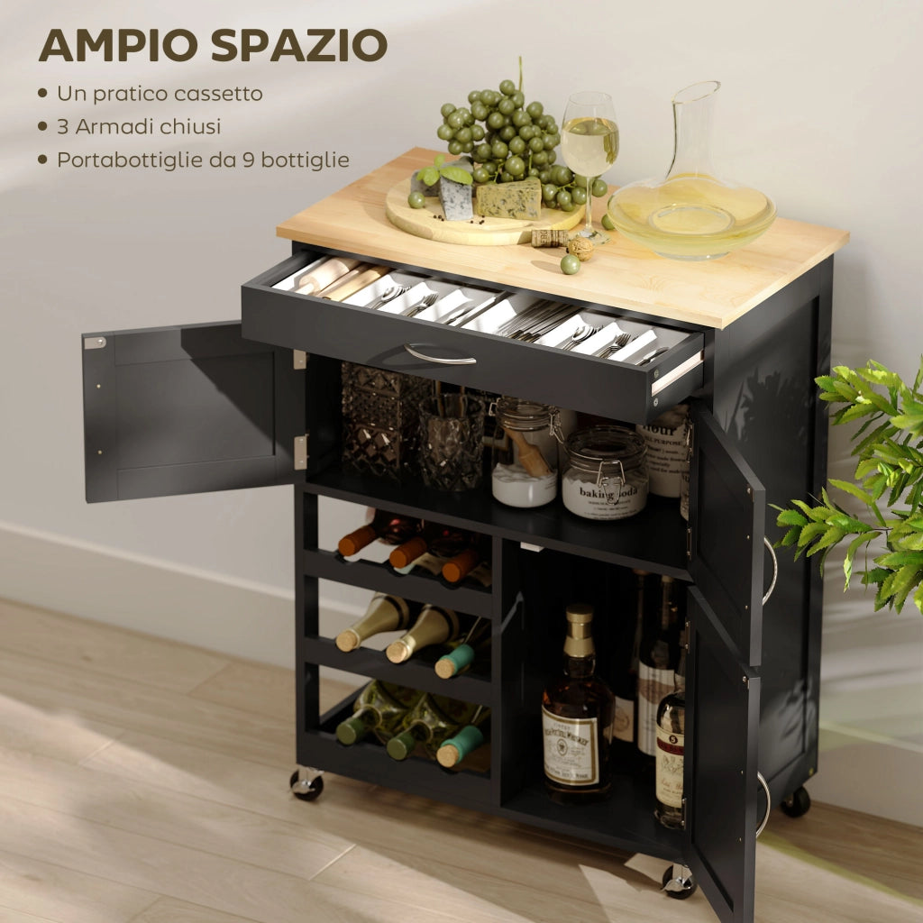 Carrello da Cucina in Legno con Portabottiglie, 3 Ante e Cassetto, 67x37x87 cm, Nero e Rovere