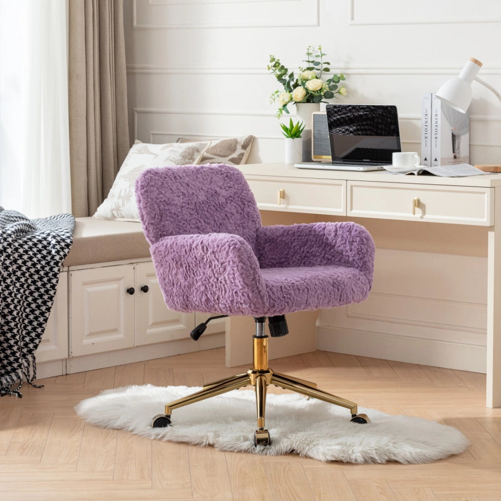 Sedia girevole e reclinabile con braccioli in pelliccia sintetica viola e base in metallo dorato 60 × 28,5 × 50 cm