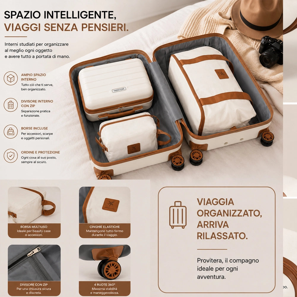 Set 6 Pezzi Valigie Rigide Family in ABS Beauty Case Beige e Marrone 55/66/75 cm