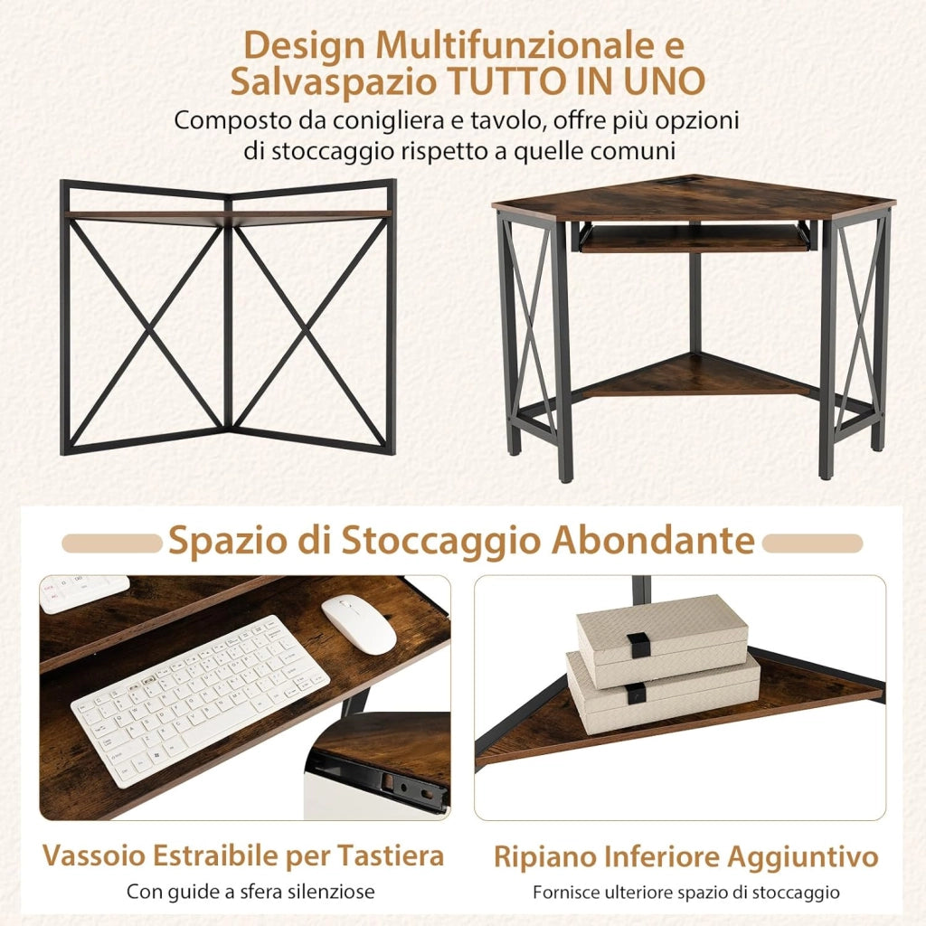 Scrivania Angolare con Prese, Scrivania ad Angolo con Ripiani, Porta Tastiera Estraibile e Struttura in Metallo, Scrivania Salvaspazio per Ufficio e Casa(marrone e nero)