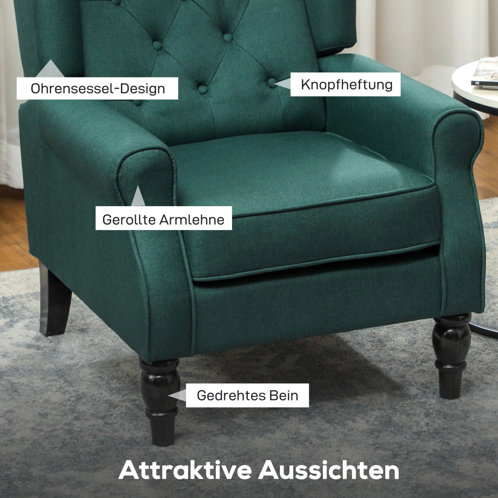 Poltrona berg¨¨re imbottita ¨C Xylo ¨C tessuto verde scuro con orecchie 74x86x102cm