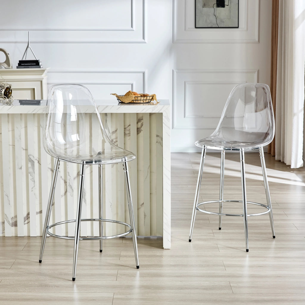 Sgabello da bar trasparente set di 2 con schienale ergonomico e struttura in metallo, effetto leggero argento