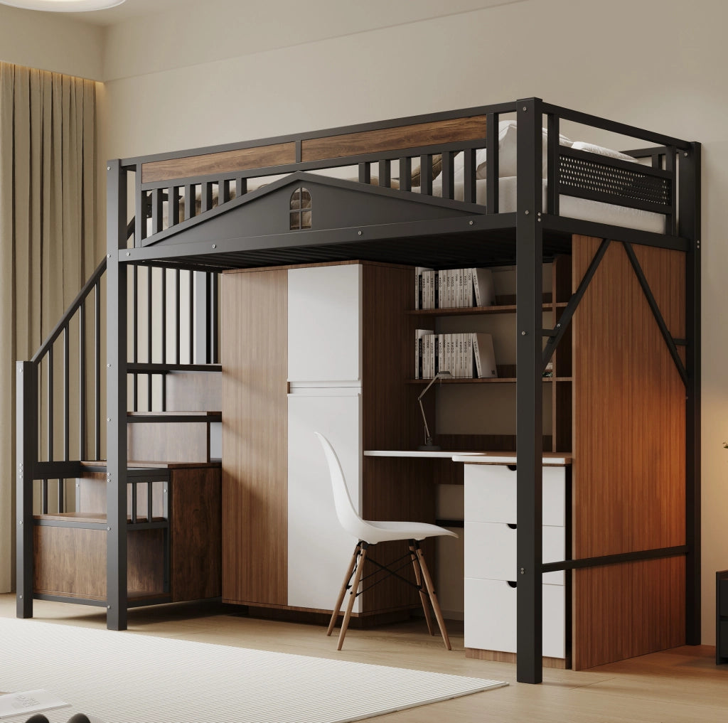 Letto a soppalco 90x200 cm in metallo nero con scale contenitore