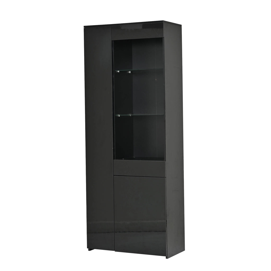 Vetrina alta 70 x 35 x 180 cm con 2 ante, cassetto, LED e finitura nero lucido