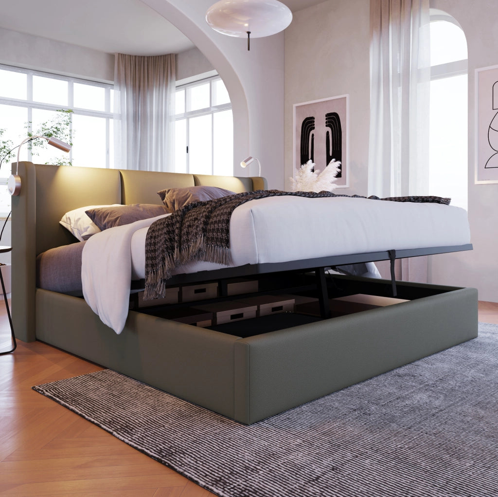 Letto imbottito 140x200 cm grigio con materasso, contenitore, luce USB