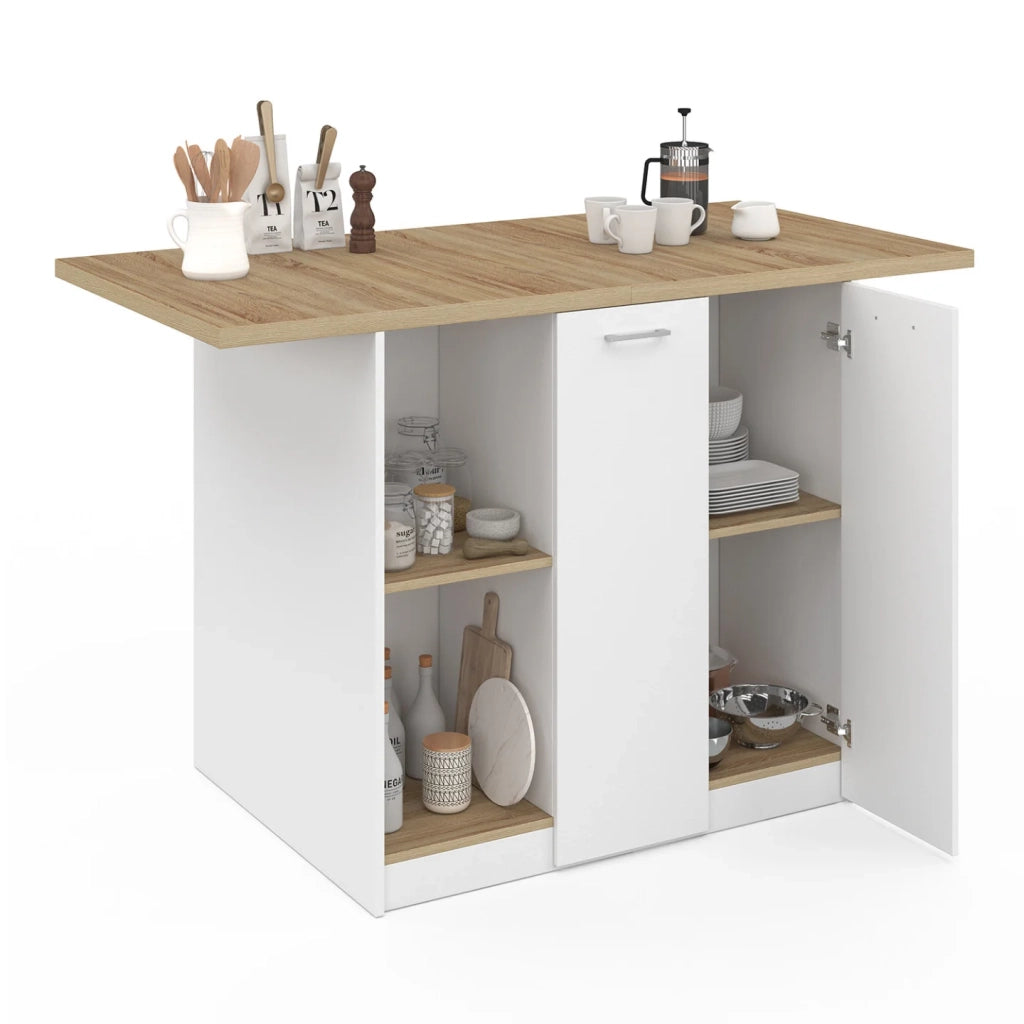 IDMarket - BAO 140 cm 4 persone isola centrale in legno bianco con piano di lavoro effetto faggio