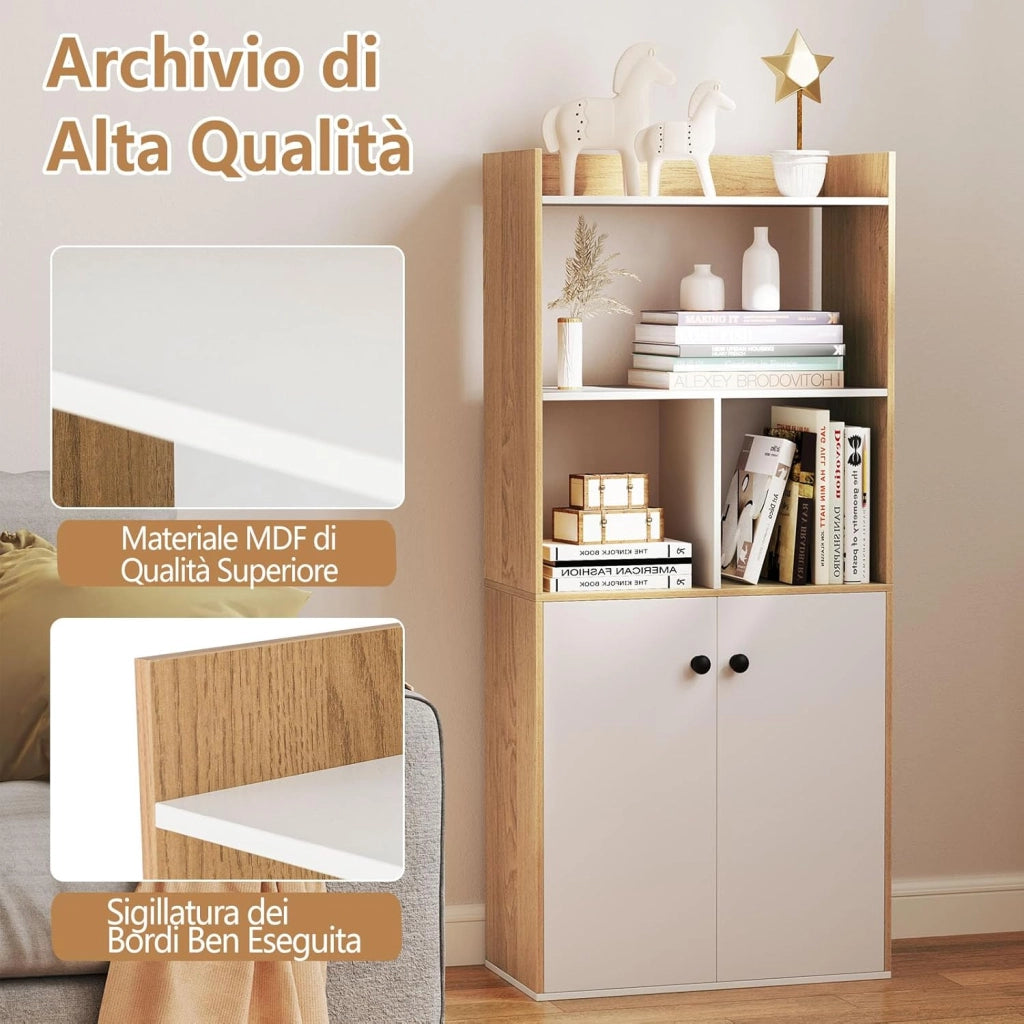 Libreria Scaffale con 2 Ante di Stoccaggio, Libreria Salvaspazio Moderna con 4 Ripiani in Legno Aperti, Mobile Alto Ufficio, per Soggiorno, Camera da Letto, 60 x 30 x 133 cm (Naturale)