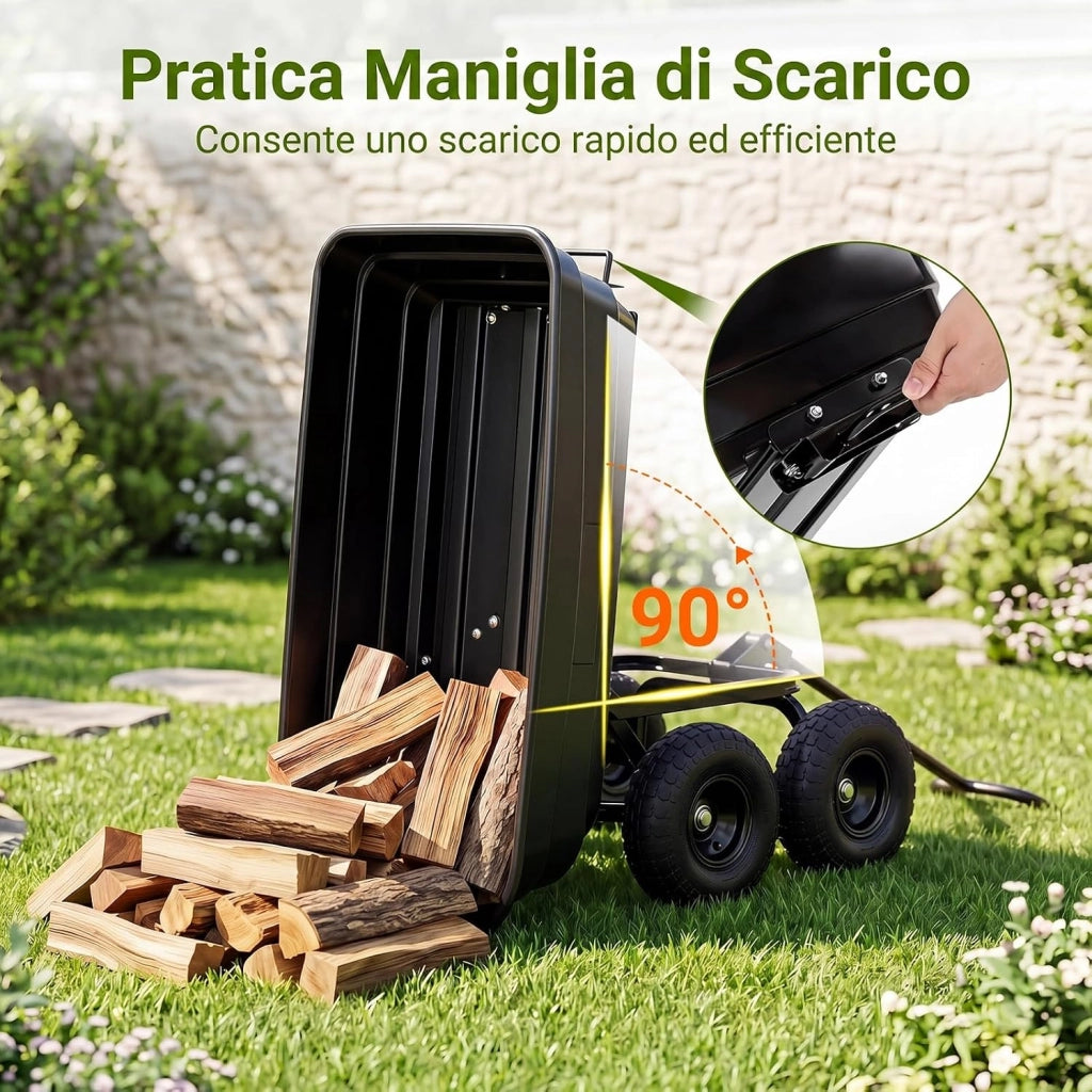 Carrello da Giardino 75 L Portata 300 kg, Carriola da Giardino Ribaltabile con 4 Ruote Pneumatiche, Manico Regolabile e Impugnatura Morbida, Carriola da Muratore da Esterno