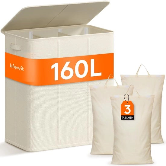 Wascuccia 160L a 3 compartimenti, wascuccia con coperchio, grande wascuccia a 3 sacchi rimovibili, wascuccie con maniglie, wascuccie, separatore di carico, bianca