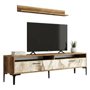Parete attrezzata Oho, Composizione soggiorno, Mobile salotto multiuso, Armadio porta TV, 180x35h47 cm, Noce e Bianco Marmo