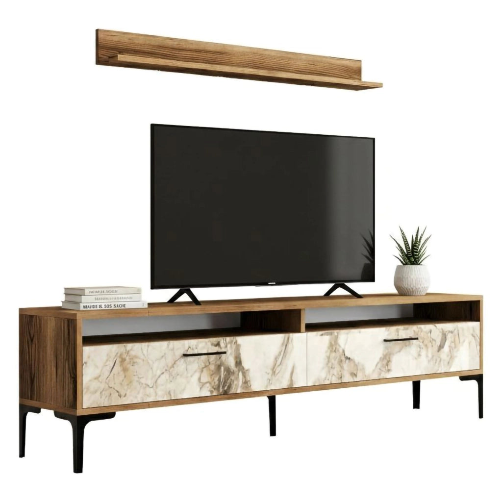 Parete attrezzata Oho, Composizione soggiorno, Mobile salotto multiuso, Armadio porta TV, 180x35h47 cm, Noce e Bianco Marmo