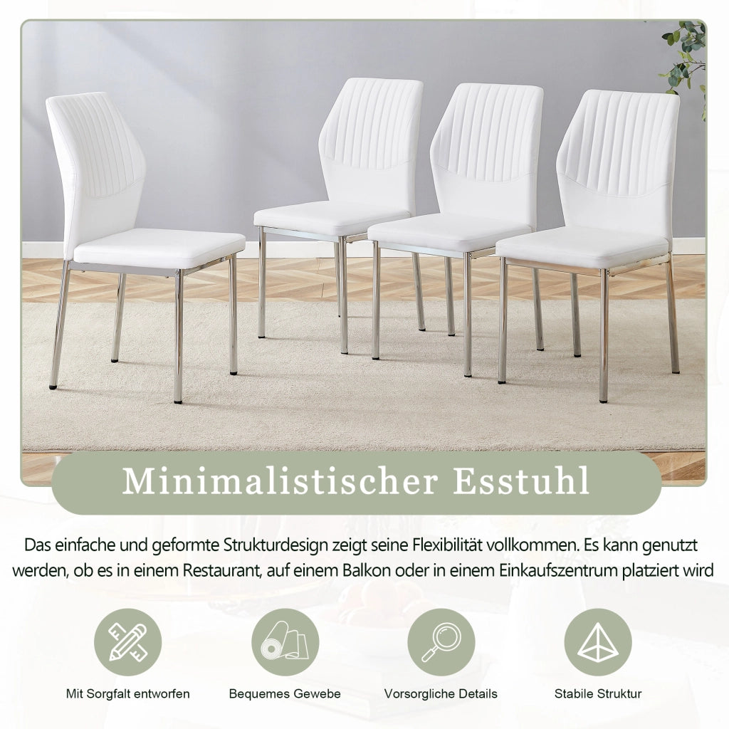 Chaise da sala da pranzo in pu con schienale a coste e gambe in metallo, set da 4, bianco argento per soggiorno