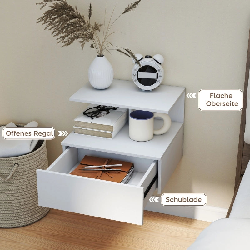 Comodino sospeso con 1 cassetto e 1 vano aperto per camera da letto, in legno, bianco, 39,8 × 35 × 31,6 cm