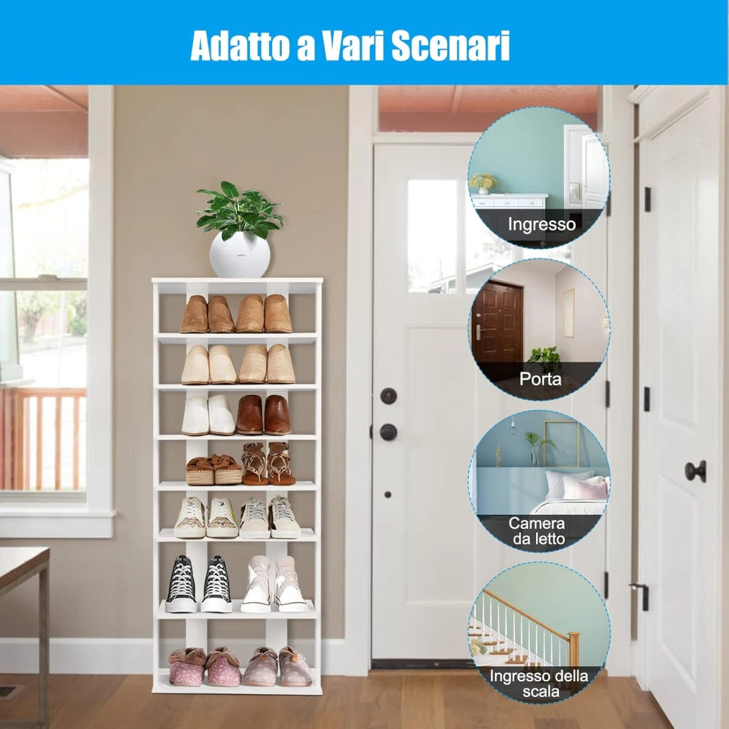 Scarpiera Verticale a 7 Livelli, Organizer per Scarpe in Stile Retrò, con Pannello Rimovibile, Scaffale per Scarpe per Corridoio Ingresso Armadio, 45x25x110 cm (Bianco)