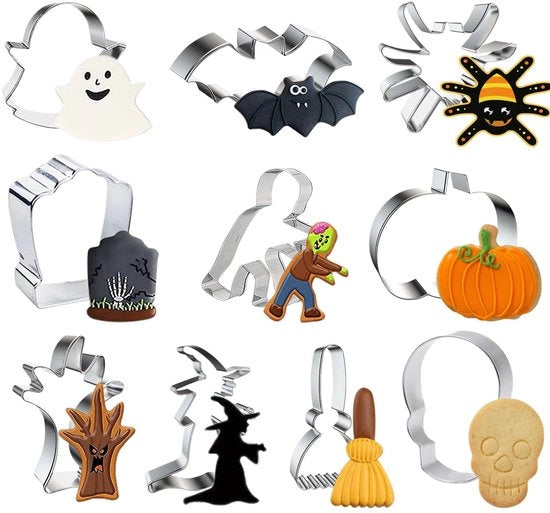 10 pezzi di stampi per biscotti Halloween, stampi per biscotti Halloween, stampi per biscotti Halloween, stampi per biscotti, pipistrello spaventapasseri, spinosa lapide grafica zombi zucca spaventapasseri mano strega scopa teschio