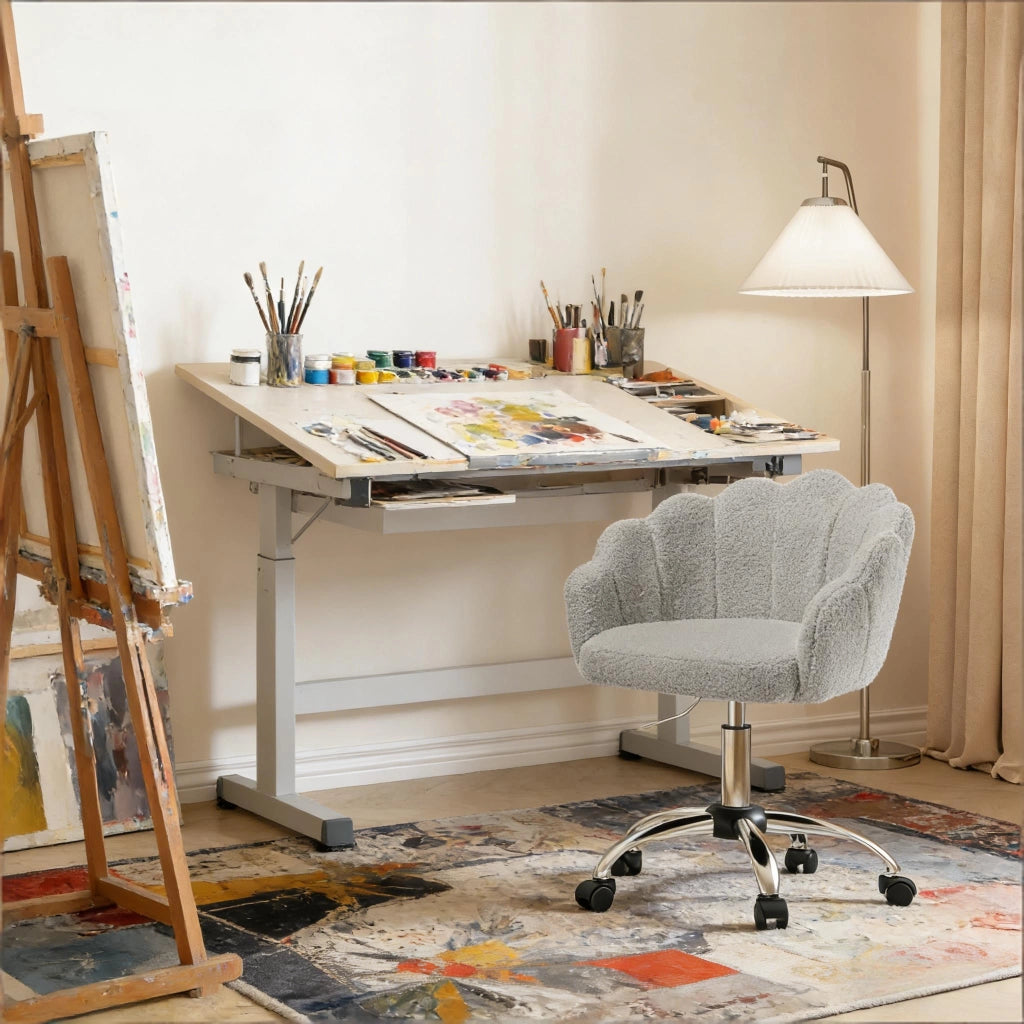 Sedia da ufficio girevole con altezza regolabile design petalo ergonomica con ruote in tessuto grigio chiaro