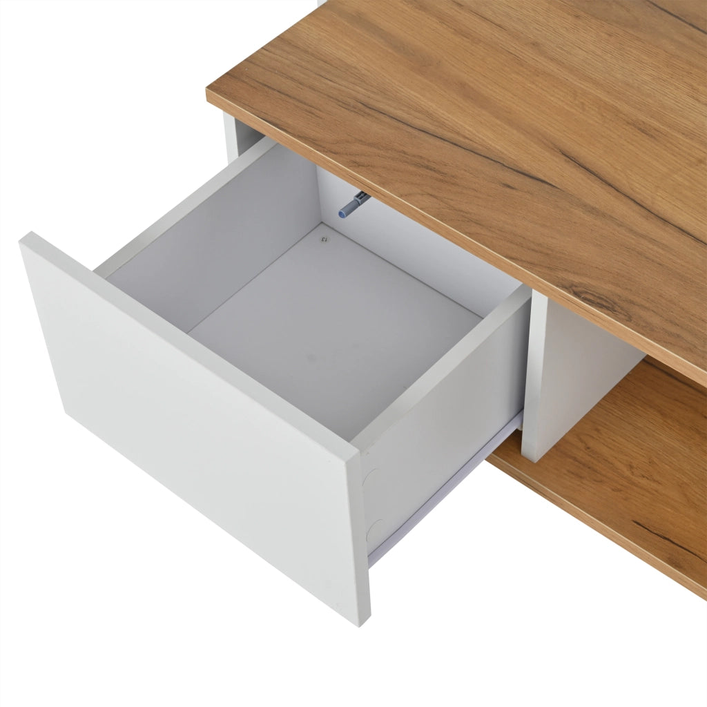 Tavolino da caffè 70x70x31.5 cm; 3 cassetti e vano aperto; pannello truciolare; bianco e colore naturale