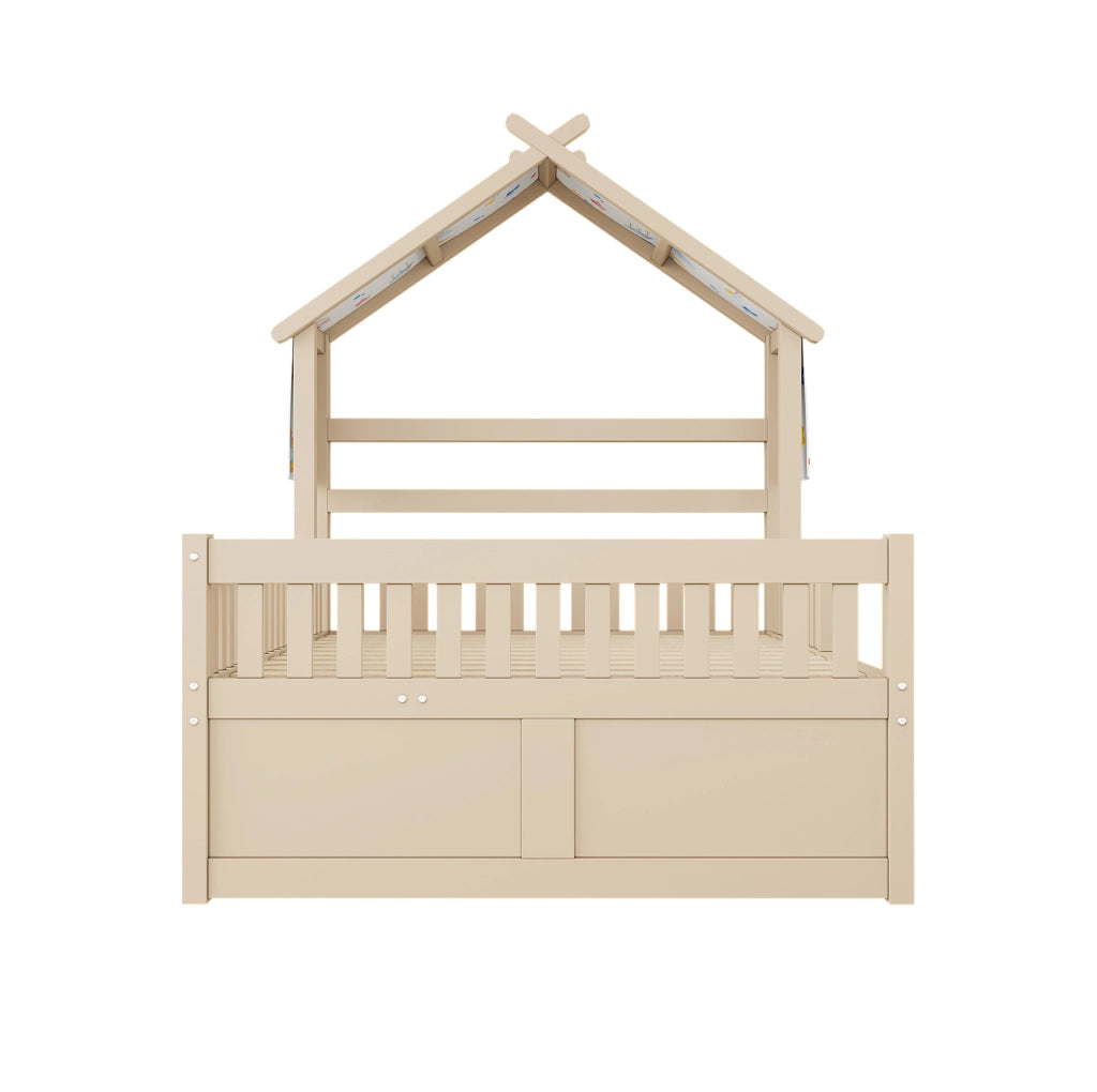 Letto a casetta 140x200 cm con letto estraibile; 3 cassetti e sponde di sicurezza; crema